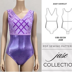 May include: A purple baby swimsuit with a V-neck design. The top section features a lavender grid pattern and floral accents, while the lower section has a shiny, metallic finish. The image also includes a pattern diagram and the text "Baby Swimsuit".