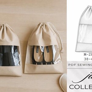 May include: Beige shoe storage bags with clear windows, showcasing black shoes. A black sneaker is visible in the upper left corner. A line drawing of a shoe bag with the text "M-2XL 38-44" is also shown. The Jase Collection logo is at the bottom.