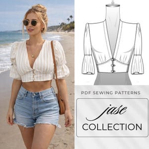 May include: A cream-colored, striped crop top with short, ruffled sleeves and a V-neckline. The top is buttoned down the front. The image also includes a pattern for a similar top, and the text "PDF Sewing Patterns" and "Jase Collection".