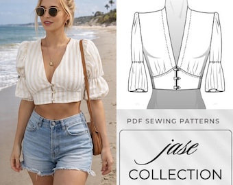 Patrón de costura para top corto con lazo delantero (descarga en PDF) / Blusa playera bohemia / Top cruzado de manga larga