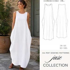 May include: A sleeveless white maxi dress with a loose, flowing silhouette and a round neckline. The image includes a technical line drawing of the dress, the text DIMENSIONS CM, 34-50, XS-5XL, A4 PDF SEWING PATTERNS, and jase COLLECTION.