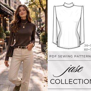 May include: A woman wearing a brown turtleneck shirt, light-colored pants, and a black belt. The image also shows a PDF sewing pattern for a turtleneck top, with the text "Jase Collection" and size range.