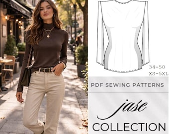 Patrón de costura en PDF para top ajustado de cuello alto y blusa minimalista de manga larga (plan digital)