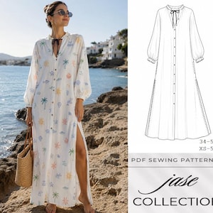 Könnte beinhalten: Ein weißes Maxikleid mit einem farbenfrohen Strandmotiv, das Palmen, Fische und Sonnen zeigt. Das Kleid hat lange Ärmel, eine Knopfleiste und einen hohen Schlitz. Das Bild enthält auch ein PDF-Schnittmuster mit dem Text "Jase Collection".