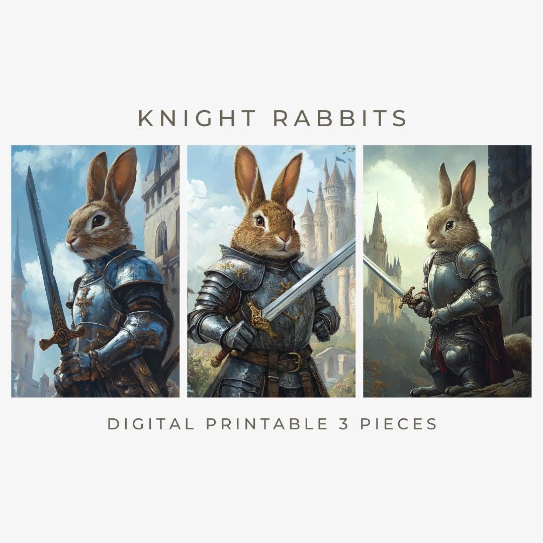 Knight Rabbits Wall Art Set Funny Rabbit Posters Trio History Lover ...