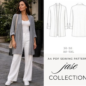 May include: A gray open-front cardigan with three-quarter length sleeves and roll-up tabs. The image includes a technical line drawing of the garment, the text 34-50 XS-5XL, A4 PDF SEWING PATTERNS, jase COLLECTION, and a person wearing the cardigan.