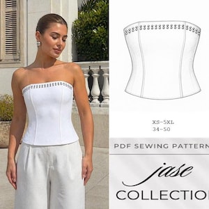 May include: A white strapless corset top with silver detailing along the top. The image also shows a line drawing of the corset, size details, and the text "jase COLLECTION" and "PDF SEWING PATTERNS".