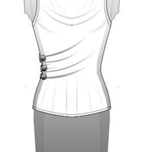 May include: A white sleeveless top with a draped neckline and three buttons on the side, paired with a grey skirt. The garment is displayed on a mannequin. Sizes 34-50 and XS-5XL are indicated.