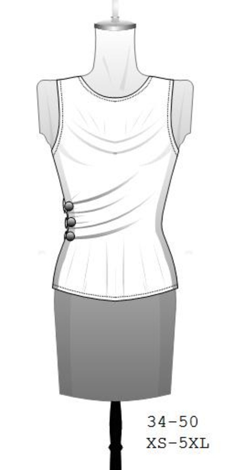 May include: A white sleeveless top with a draped neckline and three buttons on the side, paired with a grey skirt. The garment is displayed on a mannequin. Sizes 34-50 and XS-5XL are indicated.