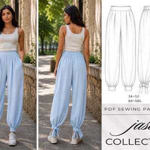May include: A woman wearing a cream-colored tank top and light blue pants with a gathered waist and ankle ties. The image also includes a line drawing of the pants and the text "Jase Collection" and "PDF Sewing Patterns".
