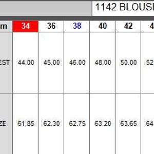 May include: A blouse measurement chart showing chest and size details. Sizes range from 34 to 50. Measurements are given in inches, with chest sizes from 44.00 to 59.00 inches and sizes from 61.85 to 65.45 inches.