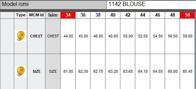 May include: A blouse measurement chart showing chest and size details. Sizes range from 34 to 50. Measurements are given in inches, with chest sizes from 44.00 to 59.00 inches and sizes from 61.85 to 65.45 inches.