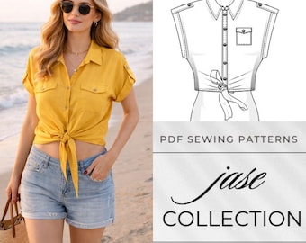 Patrón de costura para camisa de mujer con lazo delantero / Patrón digital en PDF / Incluye todos los tamaños / Fácil de hacer