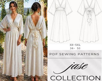 Boho Maxi Dress Sewing Pattern PDF Deep V Kaftan Digital Download