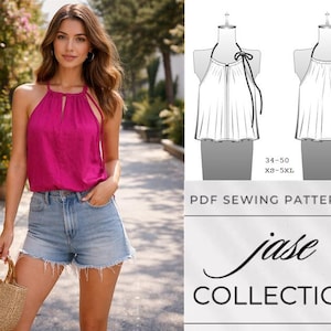 May include: A woman in a magenta halter top and denim shorts, carrying a woven handbag. The image includes a PDF sewing pattern for a halter top, with the text "Jase Collection" and size details.