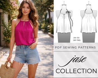 Patrón de costura para blusa de cuello halter / Patrón de blusa de verano / Blusa halter sin mangas fácil / Patrón de costura DIY para mujer / Descarga instantánea A4