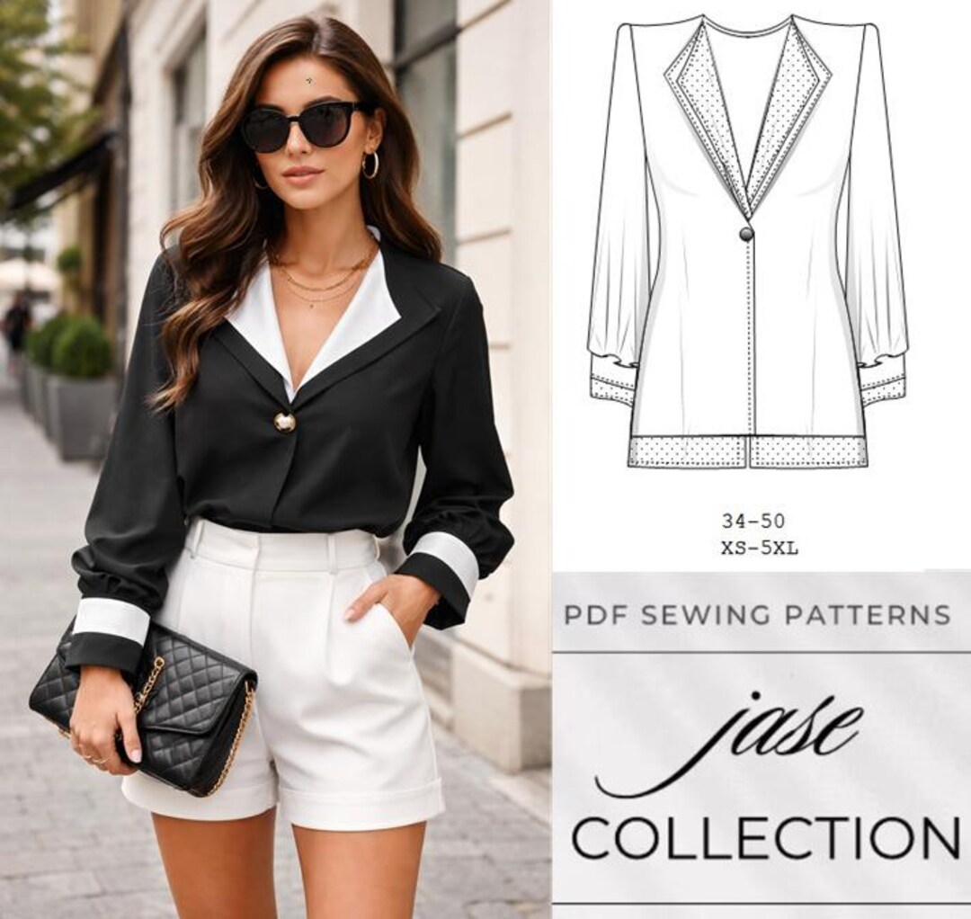 Contrast Lapel Blouse Sewing Pattern PDF, Women Tailored Collar Blouse ...