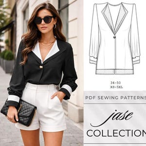 May include: A woman wearing a black blazer with white lapels, cuffs, and a gold button, paired with white shorts. She holds a black quilted handbag. A line drawing of a blazer is shown with the text "34-50 XS-5XL" and "PDF SEWING PATTERNS". The logo says "jase COLLECTION".