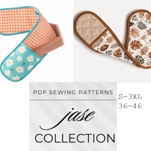 Può includere: Due presine. Una è turchese con margherite bianche, l'altra è arancione a quadretti. La seconda immagine mostra un paio di presine con una parte superiore trapuntata marrone e un motivo a foglie. È visibile anche il testo "jase COLLECTION".