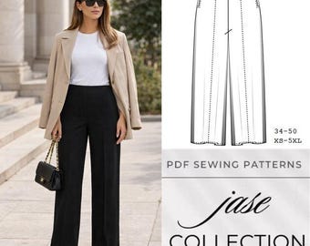 Patrón de costura en PDF para pantalones de pierna ancha, pantalones minimalistas de talle alto para mujer, plantilla moderna para ropa DIY, descarga instantánea.