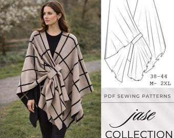 Patrón de costura en PDF para poncho con cinturón, chal, capa, tutorial de bricolaje (descargable)
