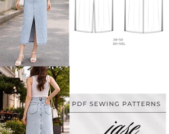 Patrón de costura para falda midi vaquera de talle alto con abertura frontal (PDF, A4, XS, XXL)
