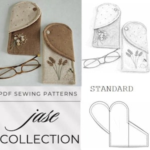 May include: Two handmade eyeglass cases with embroidered floral designs, one with a floral bouquet and the other with wheat stalks and a bee. The cases are brown and beige, with a button closure. The text "PDF SEWING PATTERNS" and "jase COLLECTION" are also visible.