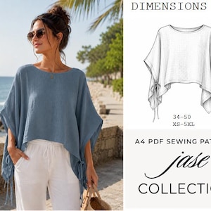 Puede incluir: Una blusa azul de corte holgado con cuello redondo y lazos laterales, combinada con pantalones blancos. La imagen incluye un dibujo técnico de la blusa, el texto DIMENSIONS CM, 34-50, XS-5XL, A4 PDF SEWING PATTERNS y jase COLLECTION.