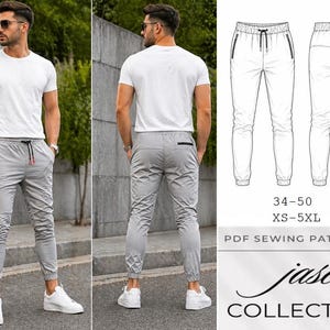 May include: A man wearing a white t-shirt and gray joggers with a drawstring waist and zippered pockets. The image also shows a line drawing of the joggers and the text "Jase Collection".