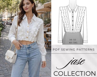 Patrón de blusa corta con volantes, patrón de camisa corta con volantes, patrón de blusa para mujer en PDF, patrón A4 de descarga instantánea