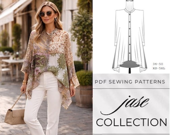 Patrón de túnica caftán bohemia, patrón de túnica de murciélago, patrón de blusa bohemia holgada, patrón de túnica para mujer en PDF, patrón de túnica DIY