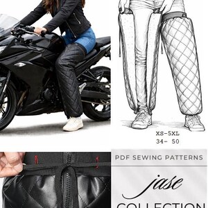 Peut inclure: Couvre-jambes de moto matelassés noirs. Les couvre-jambes sont présentés sur une personne conduisant une moto noire. Les couvre-jambes ont un motif en losange et une fermeture à cordon. L'image comprend également un dessin au trait des couvre-jambes et le texte "XS-5XL 34-50".