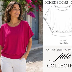 May include: A magenta short-sleeved top with a round neckline and a gathered hemline. The image includes a technical line drawing of the garment, the text DIMENSIONS CM., 34-50, XS-5XL, A4 PDF SEWING PATTERNS, and jase COLLECTION.