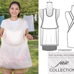 May include: A woman holding a beige laundry bag filled with clothes, with a clothesline in the background. The bag is open, revealing the contents. Also shown are two line drawings of a garment and the text "STANDART" and "jase COLLECTION".