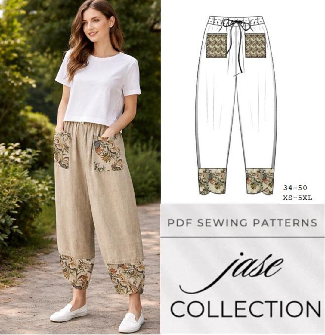 Linen Balloon Pants Pattern Wide Leg Elastic Waist Cropped Digital PDF ...