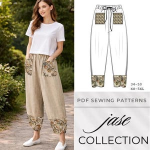 May include: Tan linen pants with floral patterned pockets and cuffs. The pants are wide-legged and have a drawstring waist. The image also includes a white t-shirt and white shoes. The text "Jase Collection" is visible.