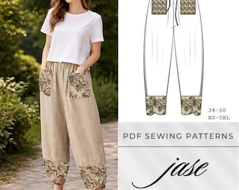 Patrón de pantalones bombachos de lino, pierna ancha, cintura elástica, corte cropped, digital PDF.