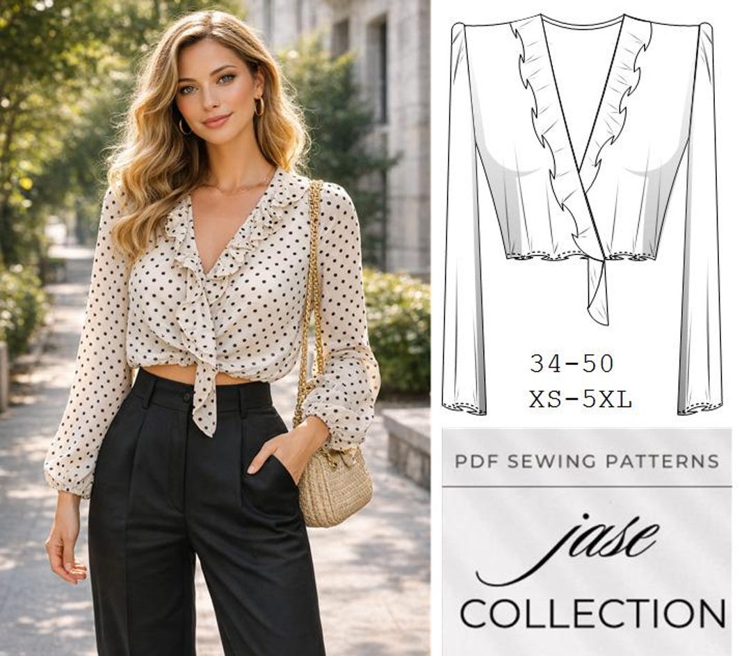 Ruffle Wrap Blouse Sewing Pattern PDF V Neck Tie Front Top XS 5XL - Etsy