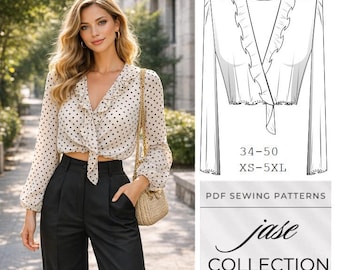 Patrón de costura en PDF para blusa cruzada con volantes, escote en V y lazo frontal, tallas XS a 5XL