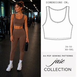 May include: A brown sports bra and matching leggings set. The image includes a technical line drawing of the sports bra, text reading DIMENSIONS CM, 34-50, XS-5XL, A4 PDF SEWING PATTERNS, and the text jase COLLECTION in a script font.