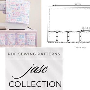 May include: A sewing machine with a patterned cover is on a lavender table with pockets and a lace trim. A diagram shows a rectangular pattern, 70 cm by 60 cm, with a scalloped edge. The text reads 'jase COLLECTION'.