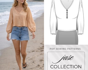 Patrón de costura de blusa campesina bohemia en PDF, patrón de top corto con mangas globo, top bohemio con cuello en V, patrón imprimible A4