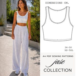May include: A white crop top and wide-leg pants set. The image includes a technical line drawing of the crop top with the text DIMENSIONS CM., 34-50, XS-5XL, A4 PDF SEWING PATTERNS, jase COLLECTION.