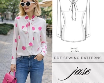 Patrón PDF de blusa elegante con lazo en el cuello. Descarga digital para costura.