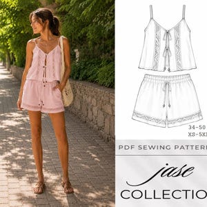 May include: A woman wearing a light pink camisole top and matching shorts with lace trim. The outfit is part of a two-piece set. A line drawing of the same outfit is shown on the right, along with the text "PDF Sewing Patterns" and "jase COLLECTION".