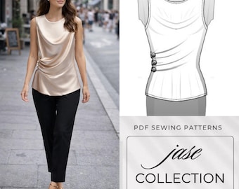 Patrón de costura en PDF: Blusa drapeada con botones laterales / Patrón de blusa sin mangas para mujer / Patrón de costura en PDF imprimible en A4
