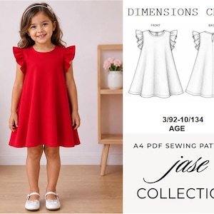 May include: A bright red sleeveless dress with ruffled cap sleeves and a round neckline. The image includes a technical line drawing showing the front and back views of the dress, labeled with dimensions in cm, age range 3/92-10/134, and A4 PDF sewing patterns.