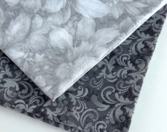 Gray Fat Quarter 2 pieces Set - Light Gray Floral and Dark Gray Scroll fat quarters - SEW FUN QUILTS Time Saver Quilt Kit