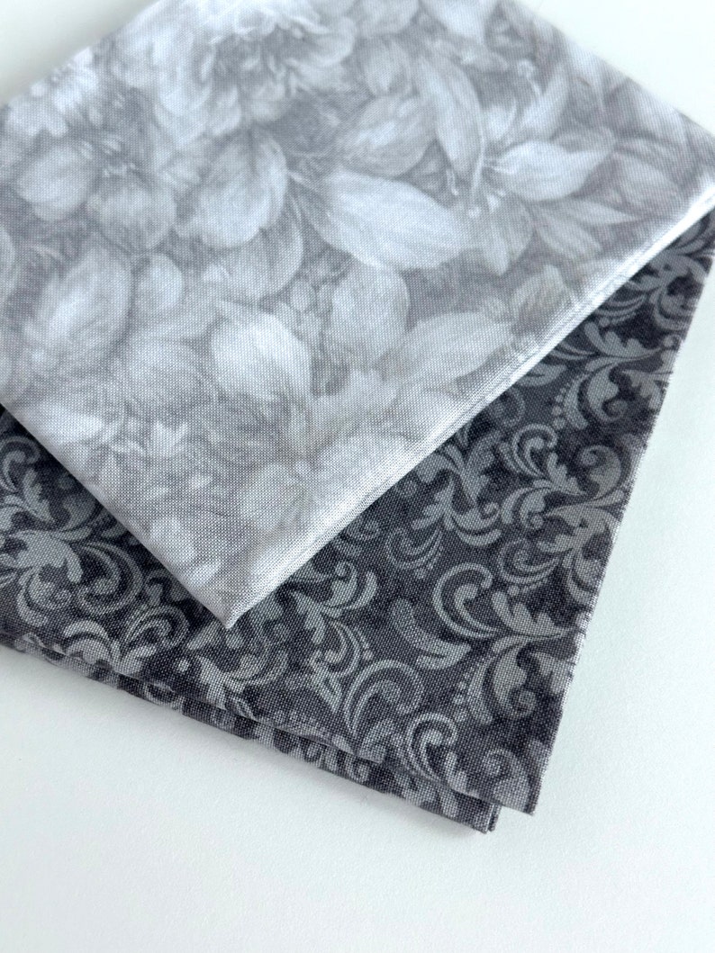 Gray Fat Quarter 2 pieces Set Light Gray Floral and Dark Gray Scroll fat quarters SEW FUN QUILTS Time Saver Quilt Kit image 1