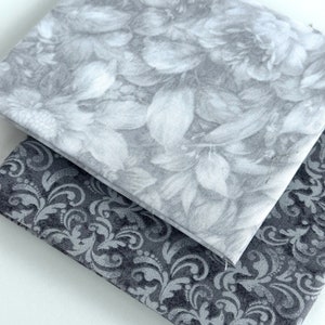 Gray Fat Quarter 2 pieces Set Light Gray Floral and Dark Gray Scroll fat quarters SEW FUN QUILTS Time Saver Quilt Kit image 3